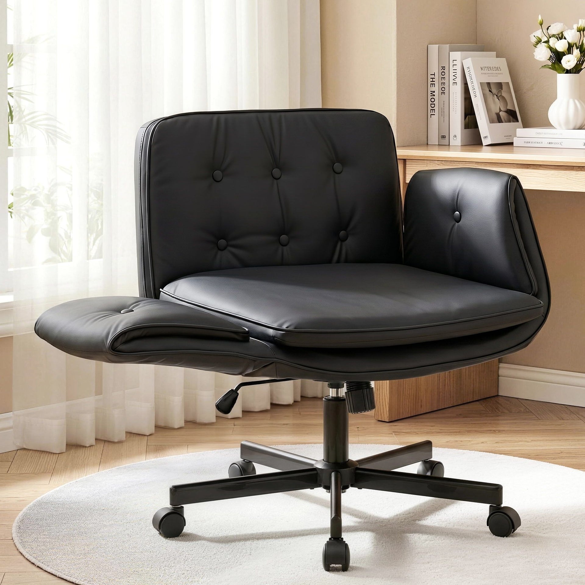 Artiss Criss Cross Chair with Wheels & Adjustable Armrests, Ergonomic Cross Legged Office Desk Chair PU Leather Vanity Chair Swivel for Home, Make Up, Bedroom, Computer, Black Awezingly