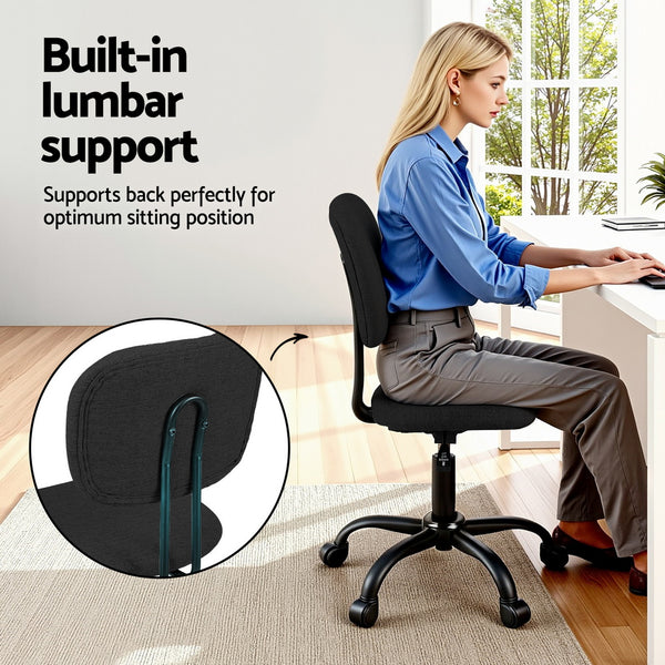 Artiss Armless Office Chair with Wheels, Ergonomic 360° Swivel Home Office Desk Chair, Height Adjustable Computer Task Chair with Fabric Back and Seat for Small Space, Black Artiss