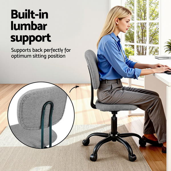 Artiss Armless Office Chair with Wheels, Ergonomic 360° Swivel Home Office Desk Chair, Height Adjustable Computer Task Chair with Fabric Back and Seat for Small Space, Grey Artiss