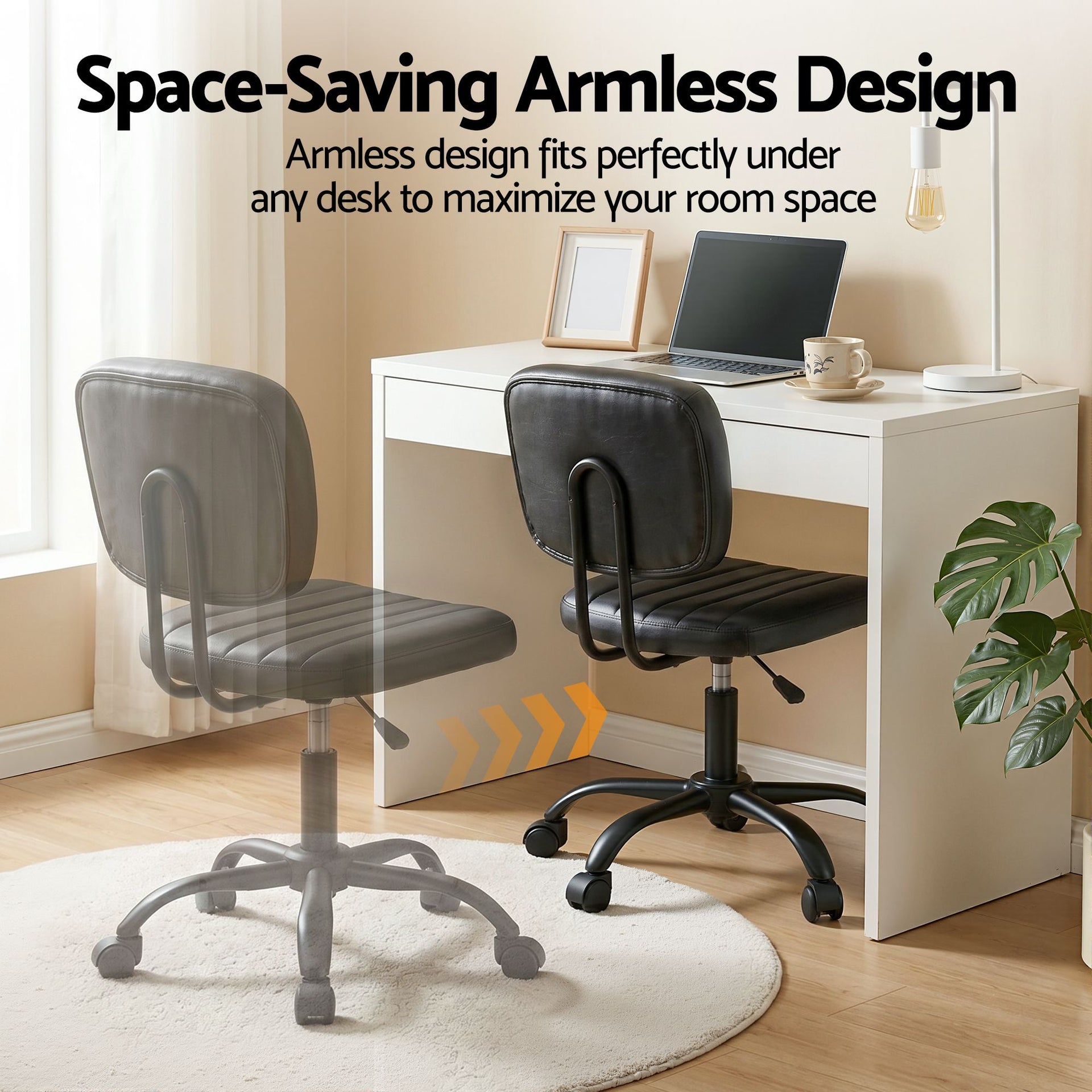 Artiss Armless Office Chair with Wheels, Ergonomic PU Leather Office Desk Chair, Height Adjustable 360° Swivel Computer Task Chair for Home Office, Study Room & Small Space, Black Artiss