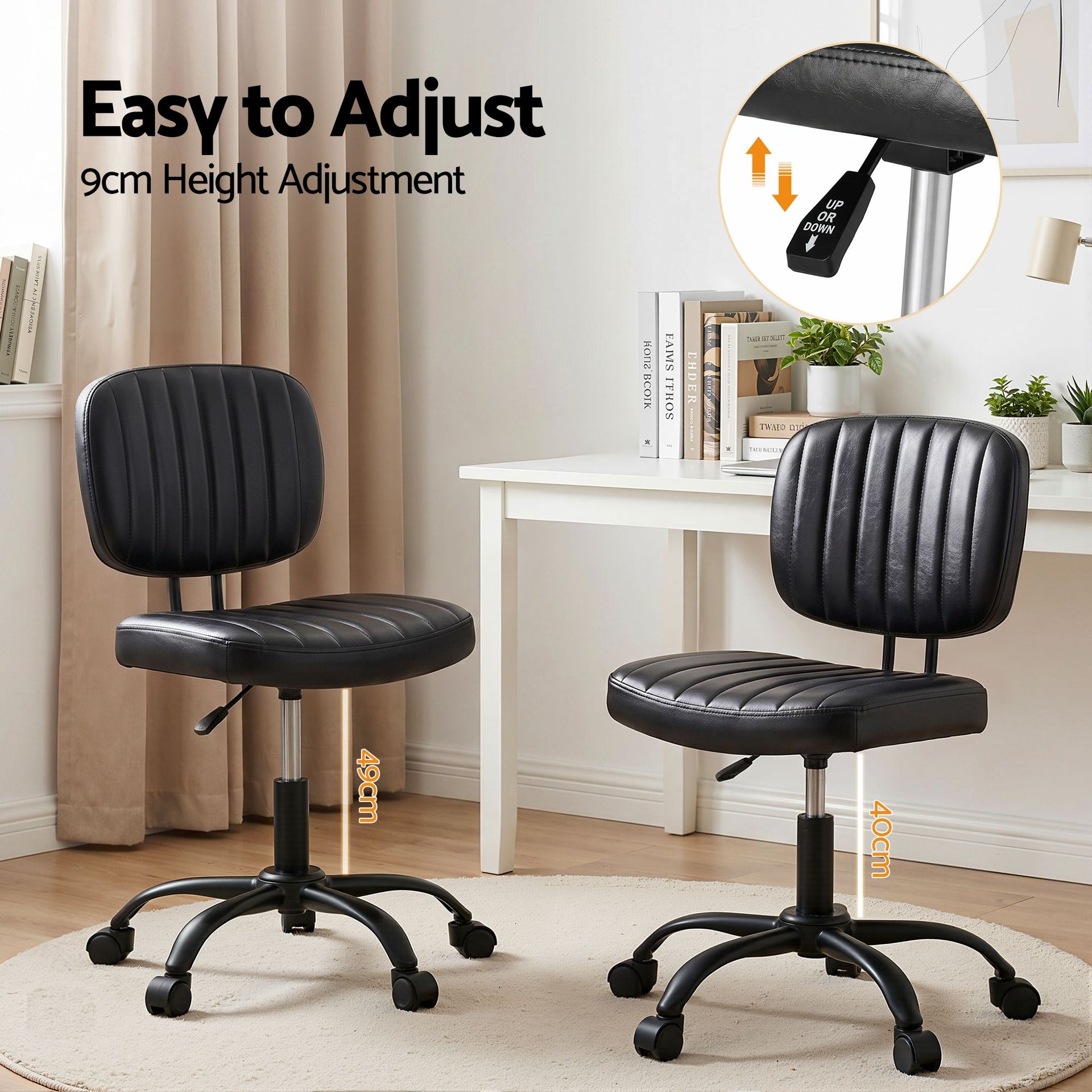 Artiss Armless Office Chair with Wheels, Ergonomic PU Leather Office Desk Chair, Height Adjustable 360° Swivel Computer Task Chair for Home Office, Study Room & Small Space, Black Artiss
