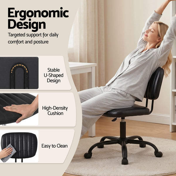 Artiss Armless Office Chair with Wheels, Ergonomic PU Leather Office Desk Chair, Height Adjustable 360° Swivel Computer Task Chair for Home Office, Study Room & Small Space, Black Artiss