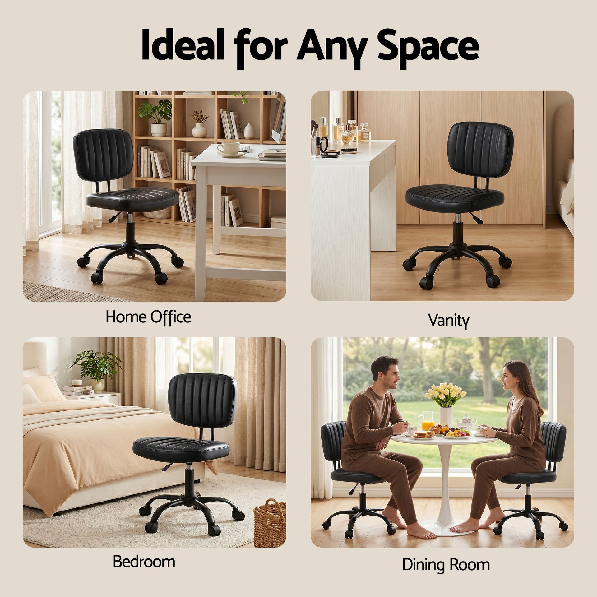 Artiss Armless Office Chair with Wheels, Ergonomic PU Leather Office Desk Chair, Height Adjustable 360° Swivel Computer Task Chair for Home Office, Study Room & Small Space, Black Artiss