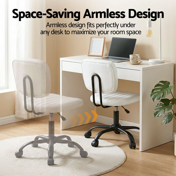 Artiss Armless Office Chair with Wheels, Ergonomic PU Leather Office Desk Chair, Height Adjustable 360° Swivel Computer Task Chair for Home Office, Study Room & Small Space, White Artiss