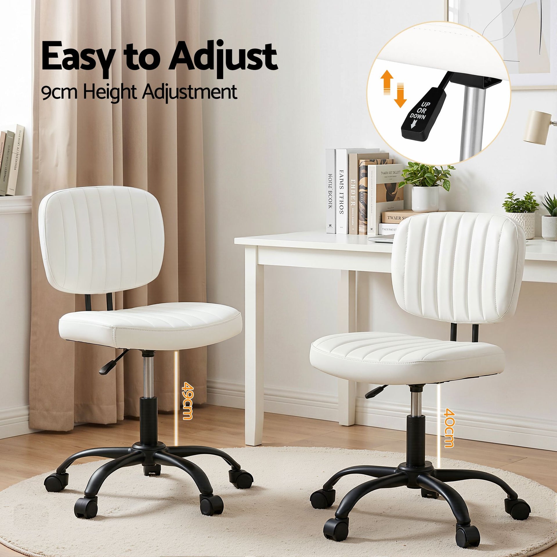 Artiss Armless Office Chair with Wheels, Ergonomic PU Leather Office Desk Chair, Height Adjustable 360° Swivel Computer Task Chair for Home Office, Study Room & Small Space, White Artiss