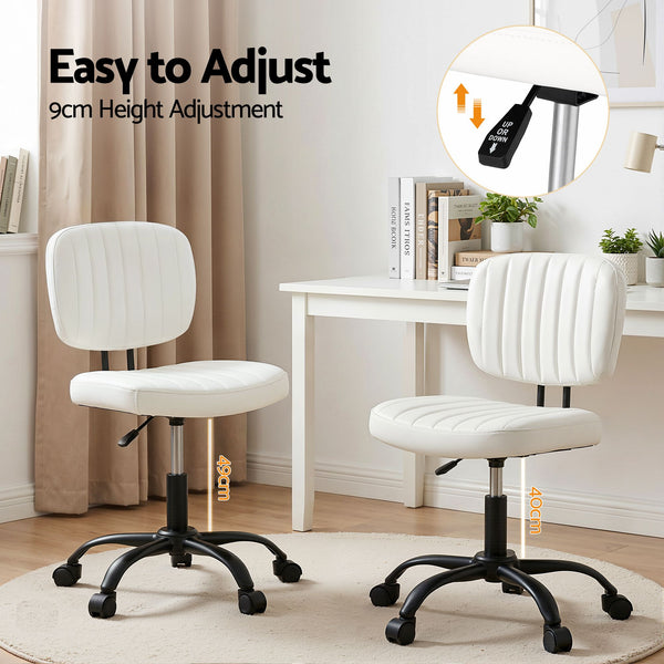 Artiss Armless Office Chair with Wheels, Ergonomic PU Leather Office Desk Chair, Height Adjustable 360° Swivel Computer Task Chair for Home Office, Study Room & Small Space, White Artiss