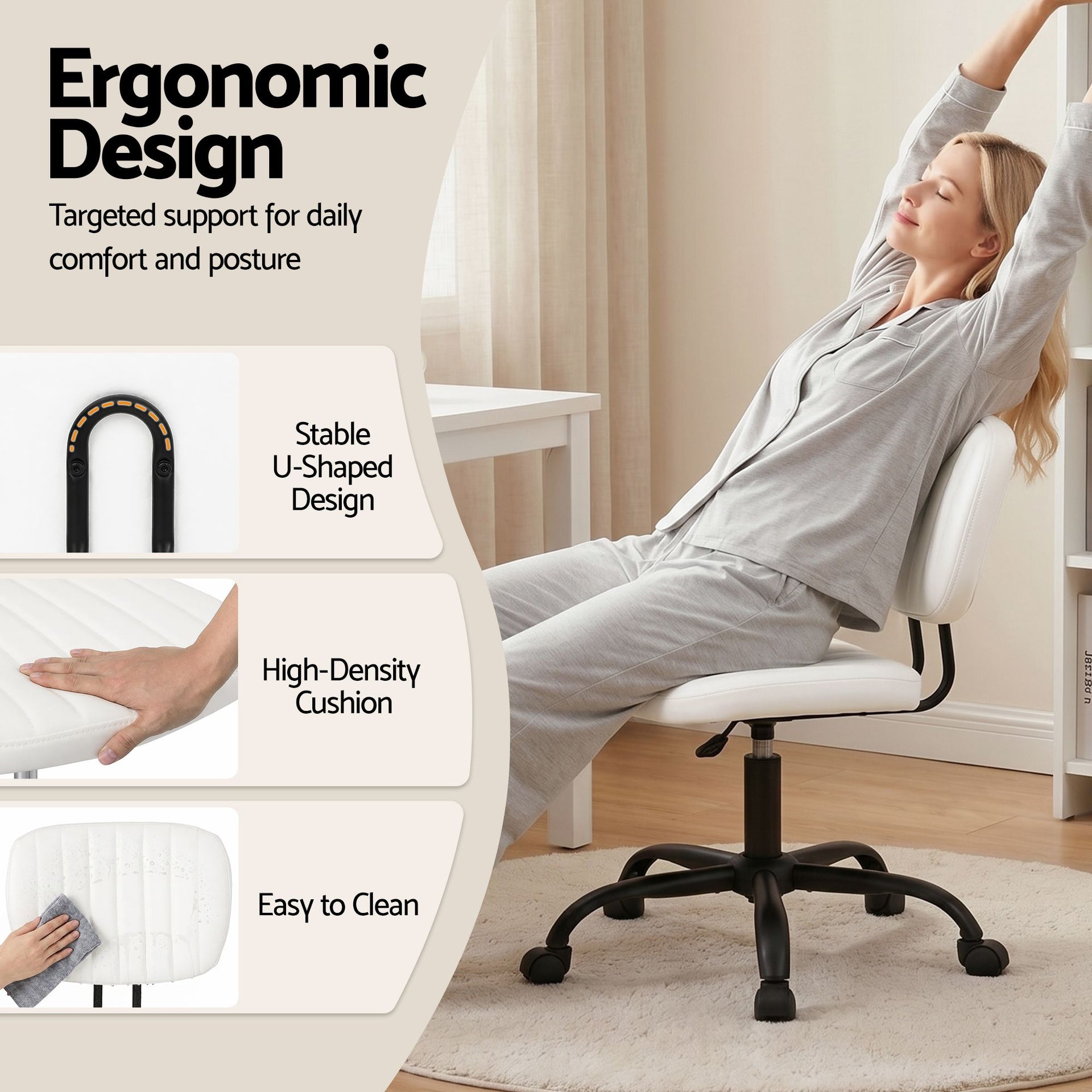 Artiss Armless Office Chair with Wheels, Ergonomic PU Leather Office Desk Chair, Height Adjustable 360° Swivel Computer Task Chair for Home Office, Study Room & Small Space, White Artiss