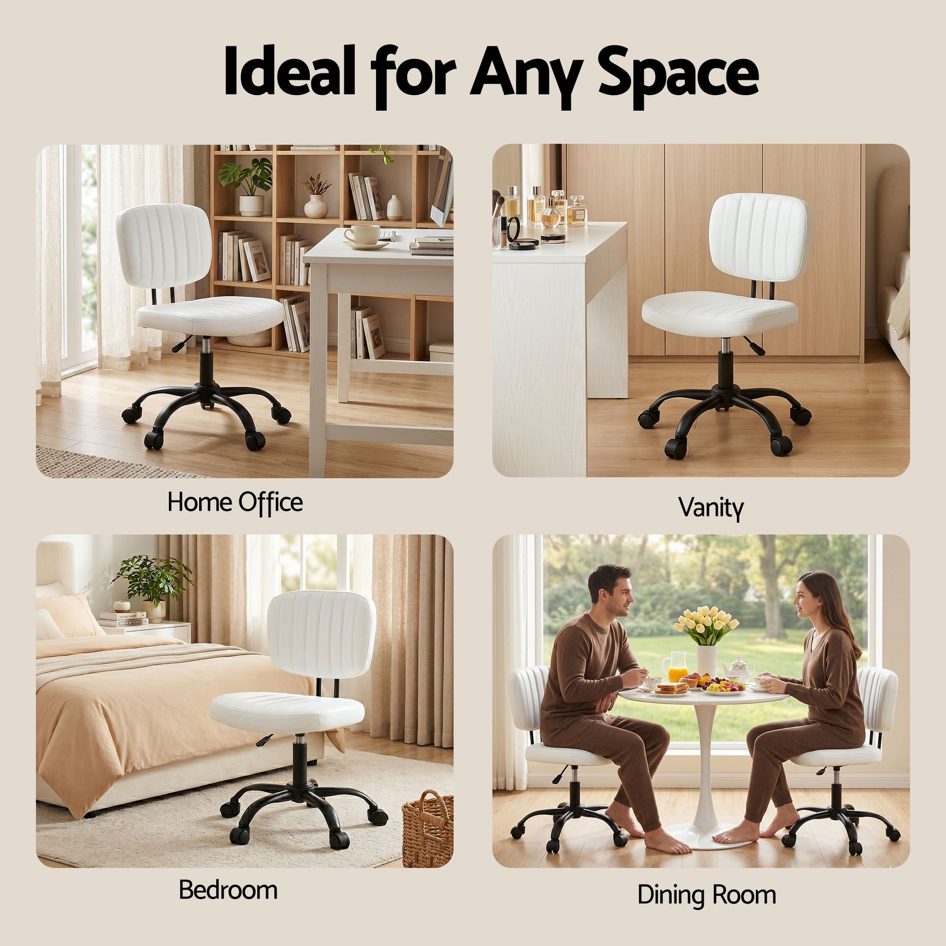 Artiss Armless Office Chair with Wheels, Ergonomic PU Leather Office Desk Chair, Height Adjustable 360° Swivel Computer Task Chair for Home Office, Study Room & Small Space, White Artiss