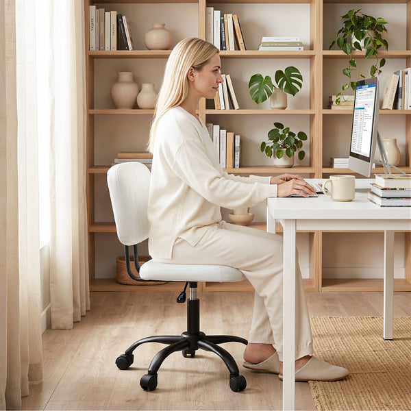 Artiss Armless Office Chair with Wheels, Ergonomic PU Leather Office Desk Chair, Height Adjustable 360° Swivel Computer Task Chair for Home Office, Study Room & Small Space, White Artiss