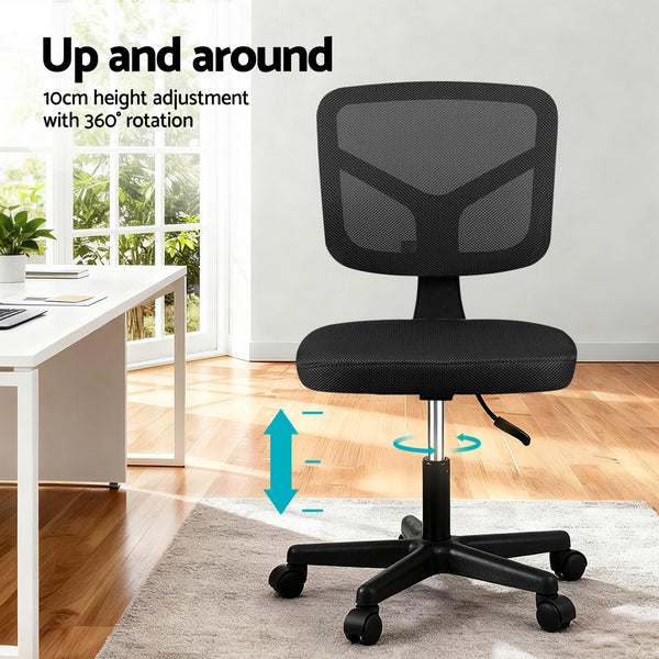 Artiss Armless Office Chair with Wheels, Ergonomic 360° Swivel Home Office Desk Chair, Height Adjustable Computer Task Chair with Fabric Back and Seat for Small Space, Black Artiss
