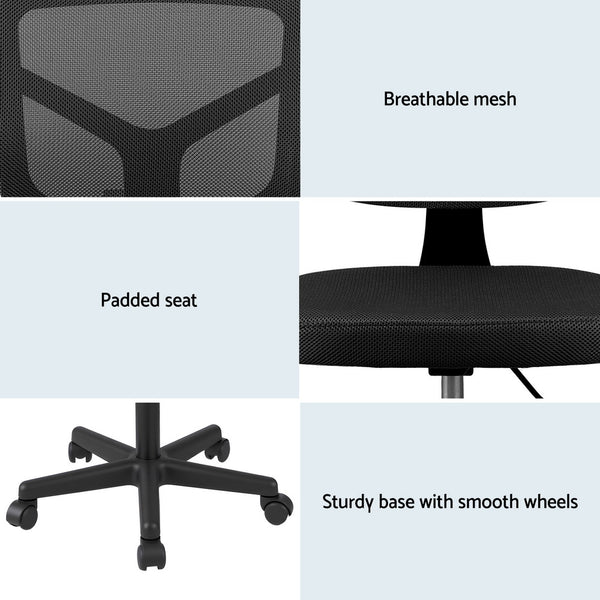 Artiss Armless Office Chair with Wheels, Ergonomic 360° Swivel Home Office Desk Chair, Height Adjustable Computer Task Chair with Fabric Back and Seat for Small Space, Black Artiss