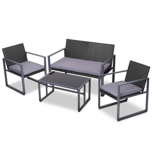 Gardeon 4 PCS Outdoor Sofa Set Rattan Furniture Glass Top Table Chairs Black Gardeon