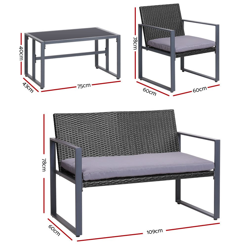 Gardeon 4 PCS Outdoor Sofa Set Rattan Furniture Glass Top Table Chairs Black Gardeon
