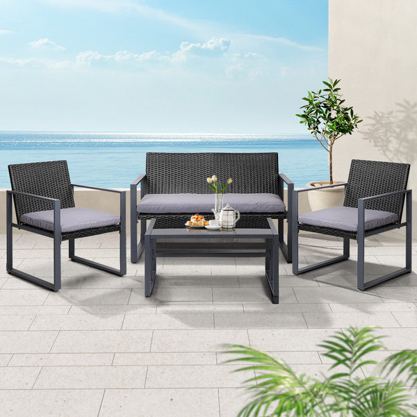 Gardeon 4 PCS Outdoor Sofa Set Rattan Furniture Glass Top Table Chairs Black Gardeon