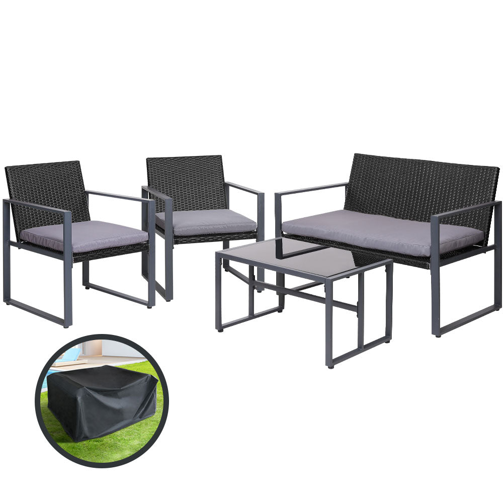 Gardeon 4 PCS Outdoor Sofa Set Rattan Furniture with Storage Cover Chairs Black Gardeon