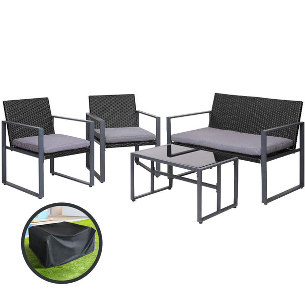 Gardeon 4 PCS Outdoor Sofa Set Rattan Furniture with Storage Cover Chairs Black Gardeon