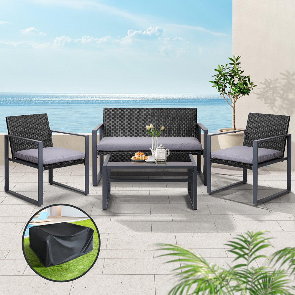 Gardeon 4 PCS Outdoor Sofa Set Rattan Furniture with Storage Cover Chairs Black Gardeon