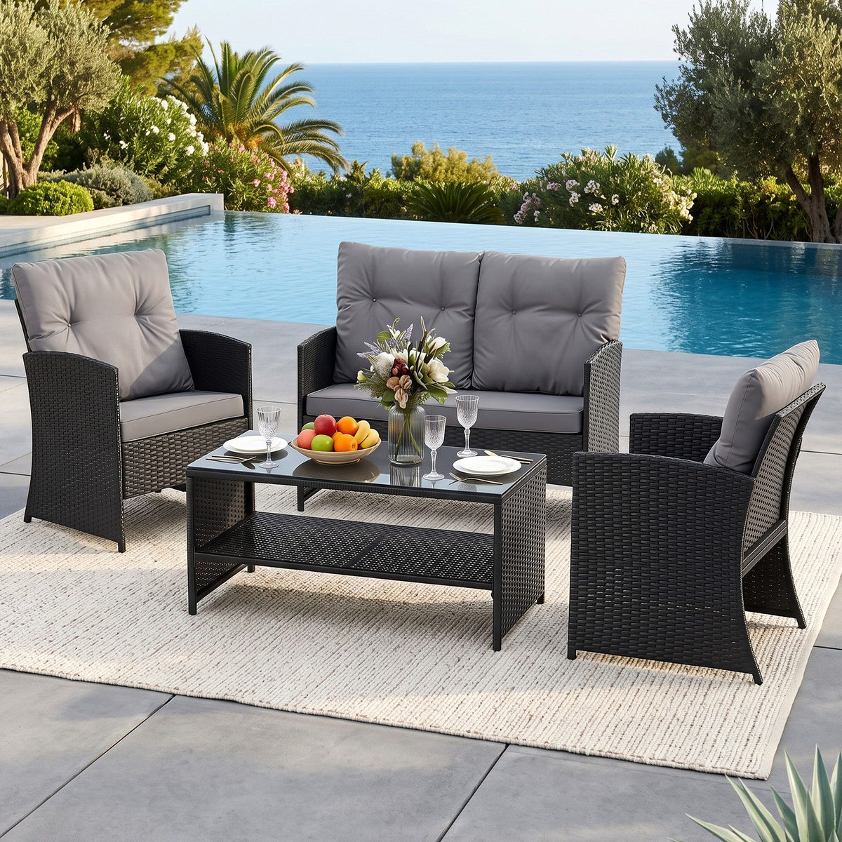 Gardeon 4-Piece Outdoor Sofa Set Coffee Table Chair Rattan Furniture Black Awezingly
