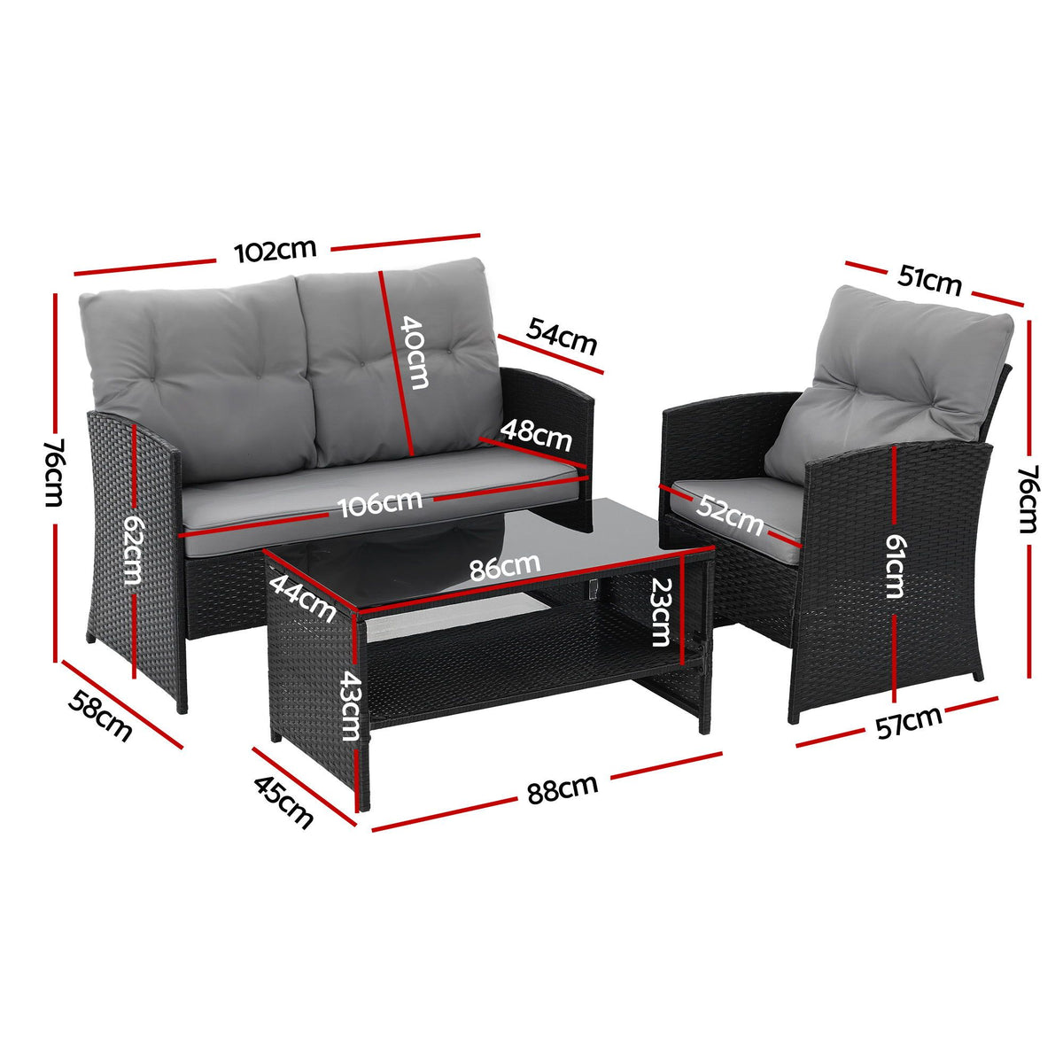 Gardeon 4-Piece Outdoor Sofa Set Coffee Table Chair Rattan Furniture Black Awezingly