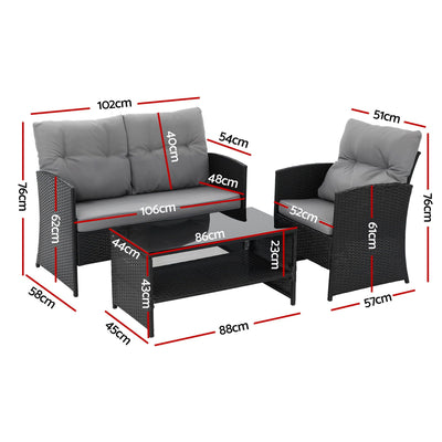 Gardeon 4-Piece Outdoor Sofa Set Coffee Table Chair Rattan Furniture Black