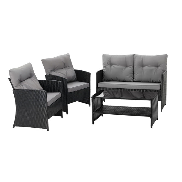 Gardeon 4-Piece Outdoor Sofa Set Coffee Table Chair Rattan Furniture Black Awezingly