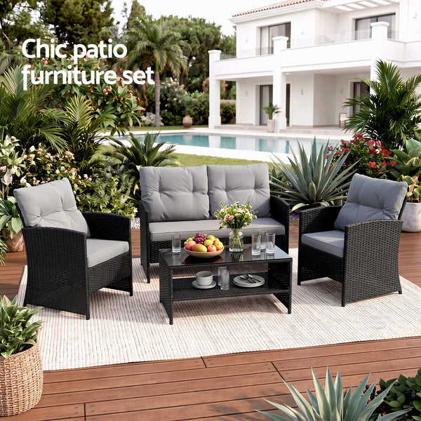 Gardeon 4-Piece Outdoor Sofa Set Coffee Table Chair Rattan Furniture Black Awezingly