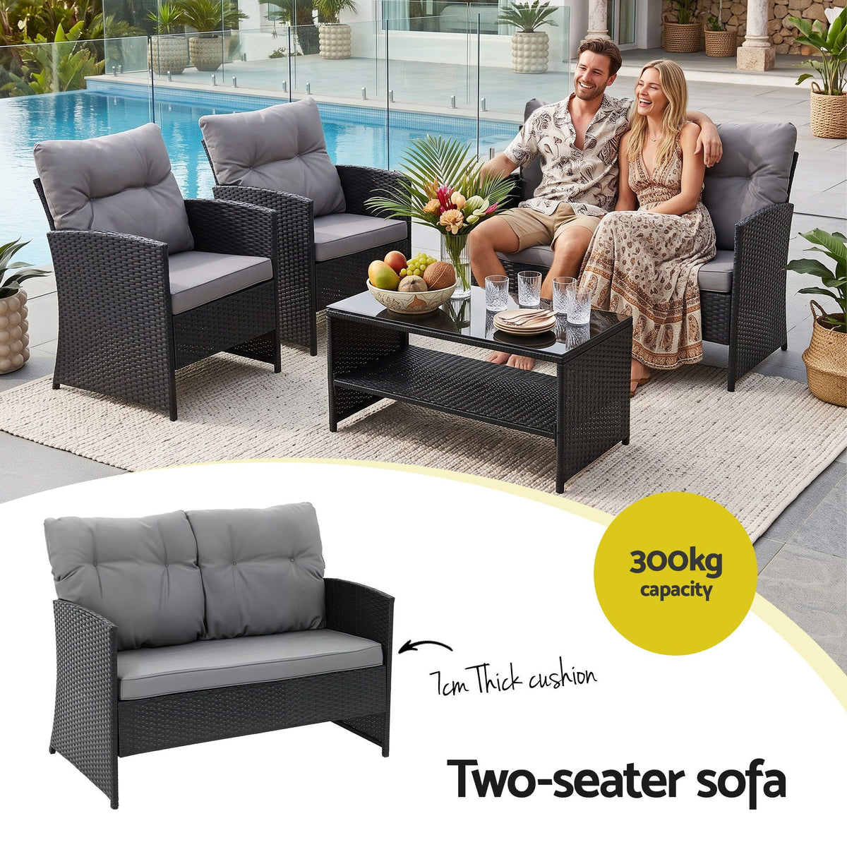 Gardeon 4-Piece Outdoor Sofa Set Coffee Table Chair Rattan Furniture Black Awezingly