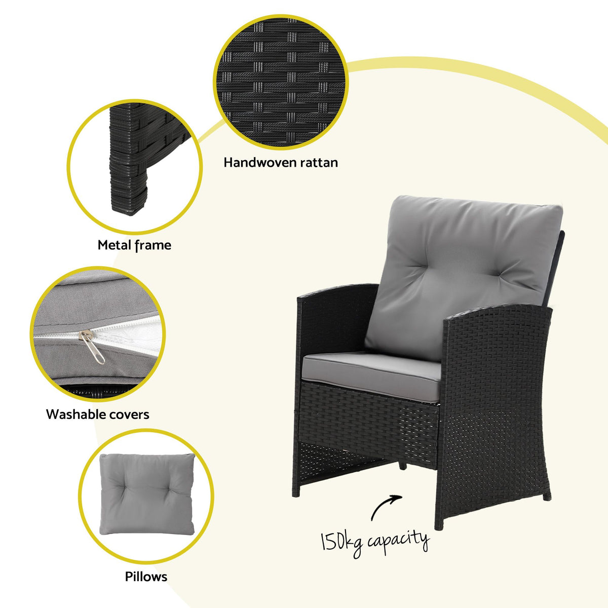Gardeon 4-Piece Outdoor Sofa Set Coffee Table Chair Rattan Furniture Black Awezingly