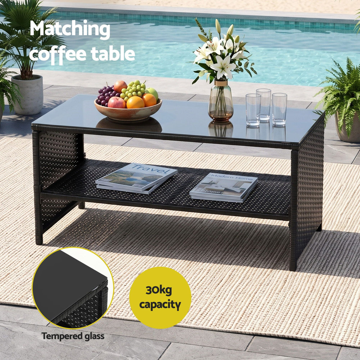 Gardeon 4-Piece Outdoor Sofa Set Coffee Table Chair Rattan Furniture Black Awezingly