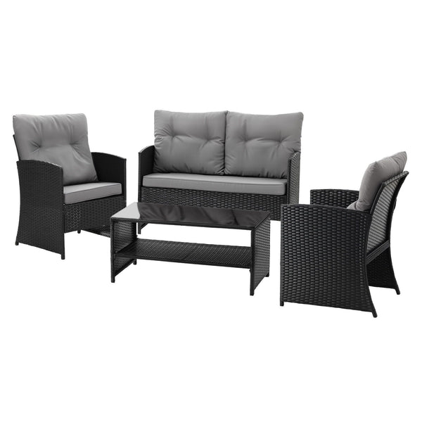 Gardeon 4-Piece Outdoor Sofa Set Coffee Table Chair Rattan Furniture Black Awezingly