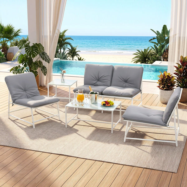Gardeon 5-Piece Outdoor Sofa Set with Cushions table and Chairs White Awezingly