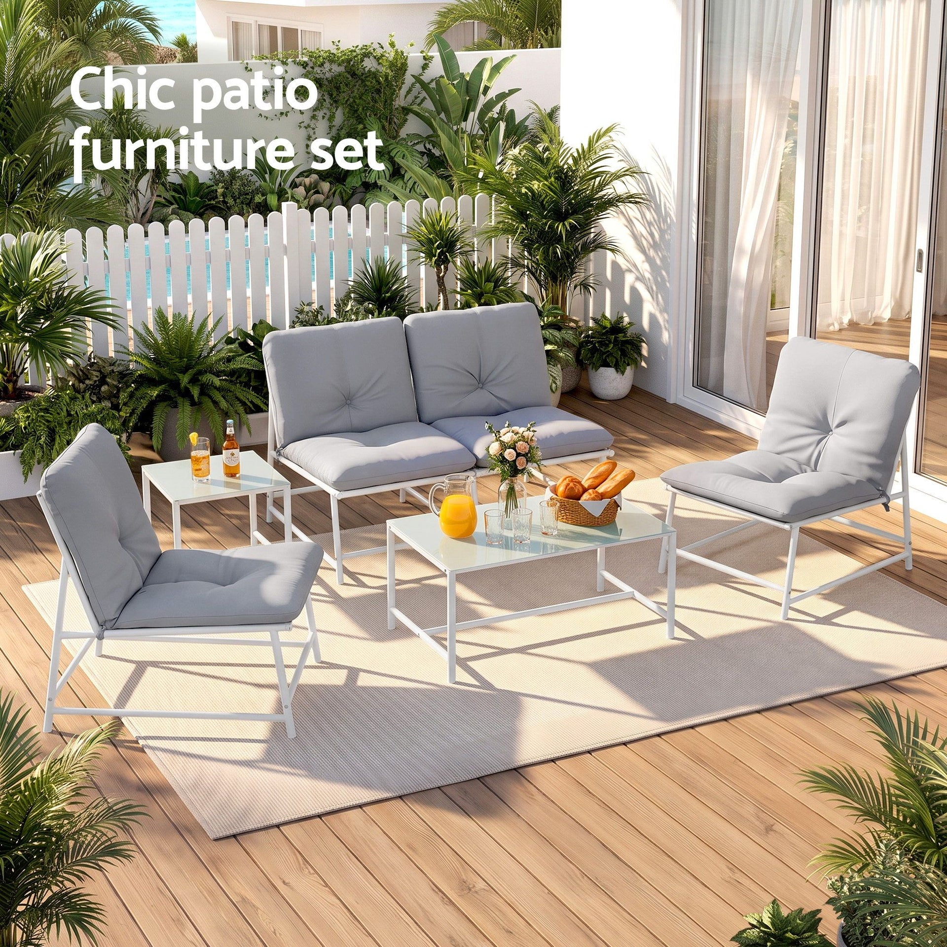 Gardeon 5-Piece Outdoor Sofa Set with Cushions table and Chairs White Awezingly