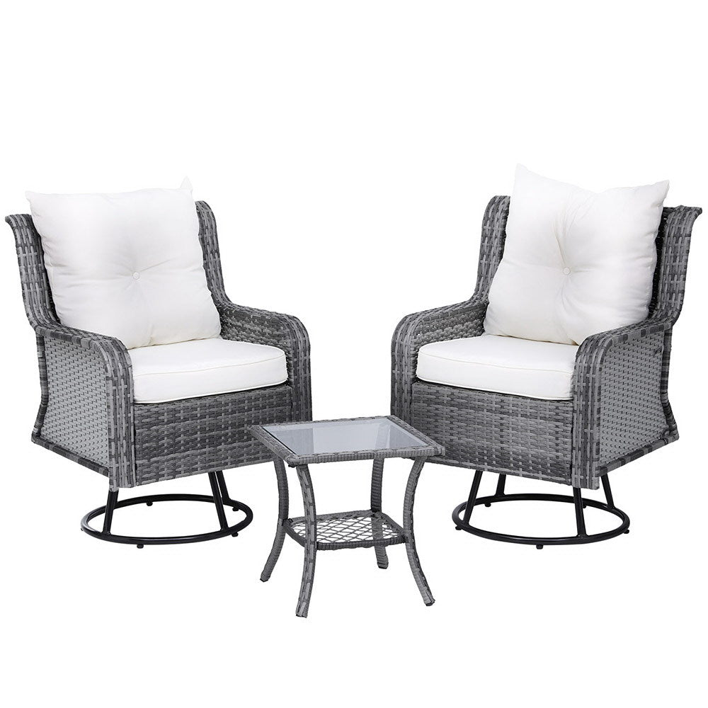 Gardeon 3PC Outdoor Furniture Bistro Set Lounge Wicker Swivel Chairs Table Cushion Grey Gardeon