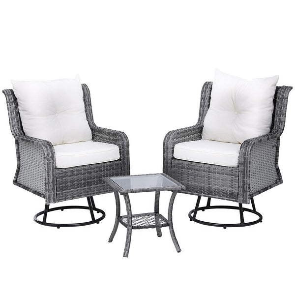 Gardeon 3PC Outdoor Furniture Bistro Set Lounge Wicker Swivel Chairs Table Cushion Grey Gardeon