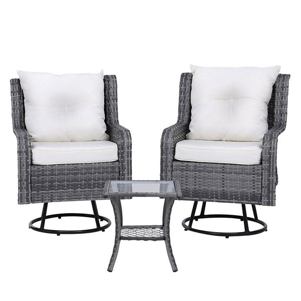 Gardeon 3PC Outdoor Furniture Bistro Set Lounge Wicker Swivel Chairs Table Cushion Grey Gardeon