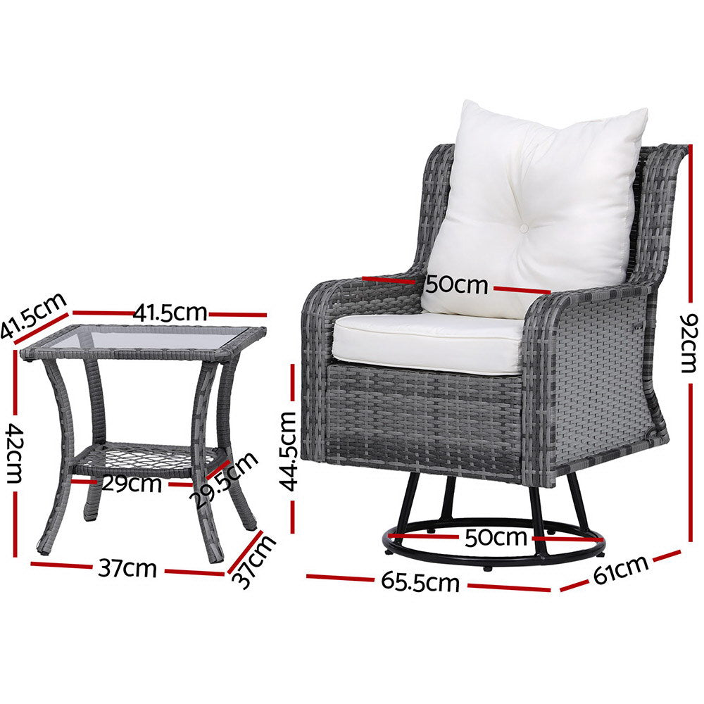 Gardeon 3PC Outdoor Furniture Bistro Set Lounge Wicker Swivel Chairs Table Cushion Grey Gardeon