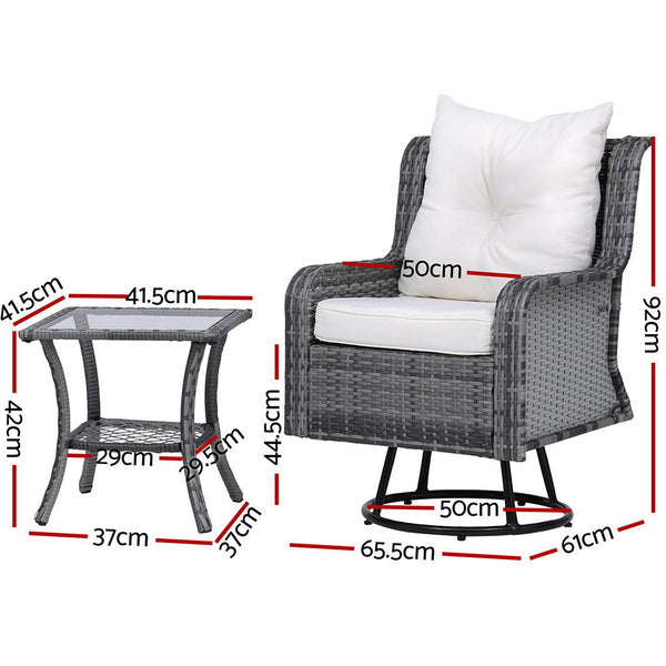Gardeon 3PC Outdoor Furniture Bistro Set Lounge Wicker Swivel Chairs Table Cushion Grey Gardeon