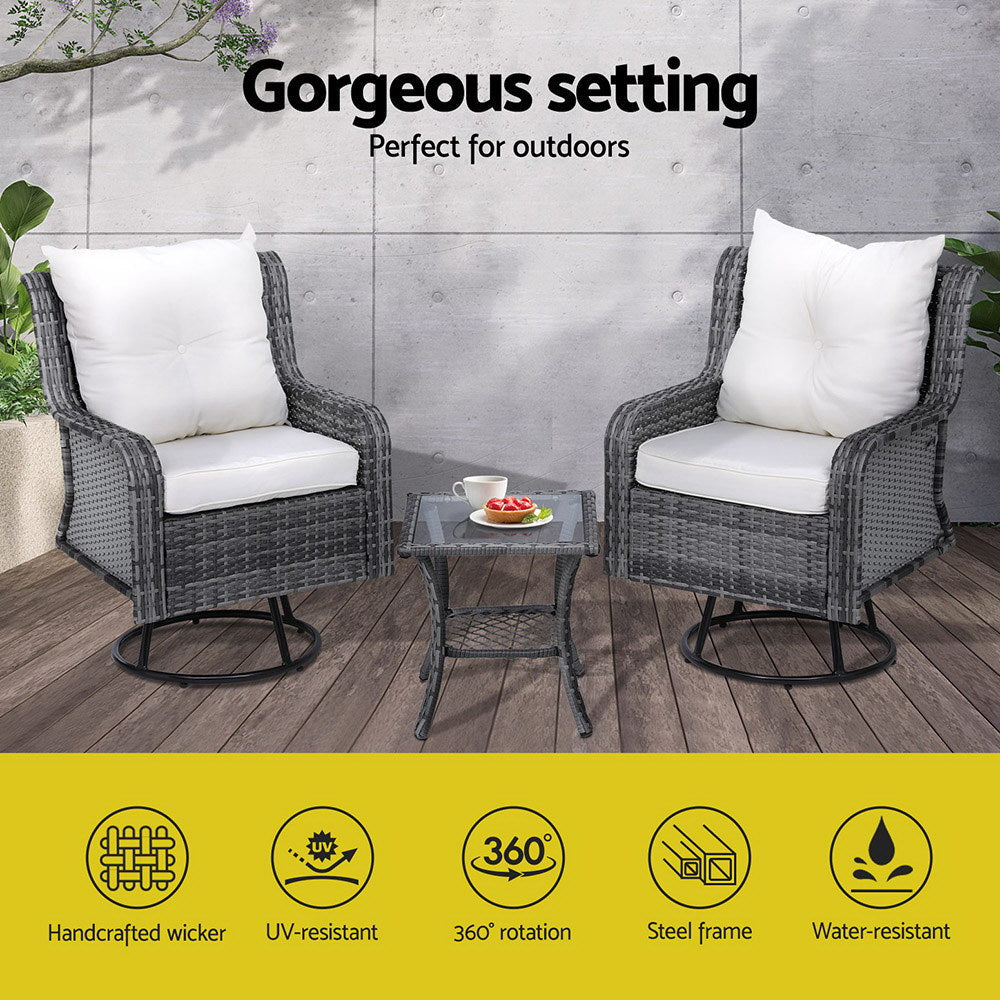 Gardeon 3PC Outdoor Furniture Bistro Set Lounge Wicker Swivel Chairs Table Cushion Grey Gardeon