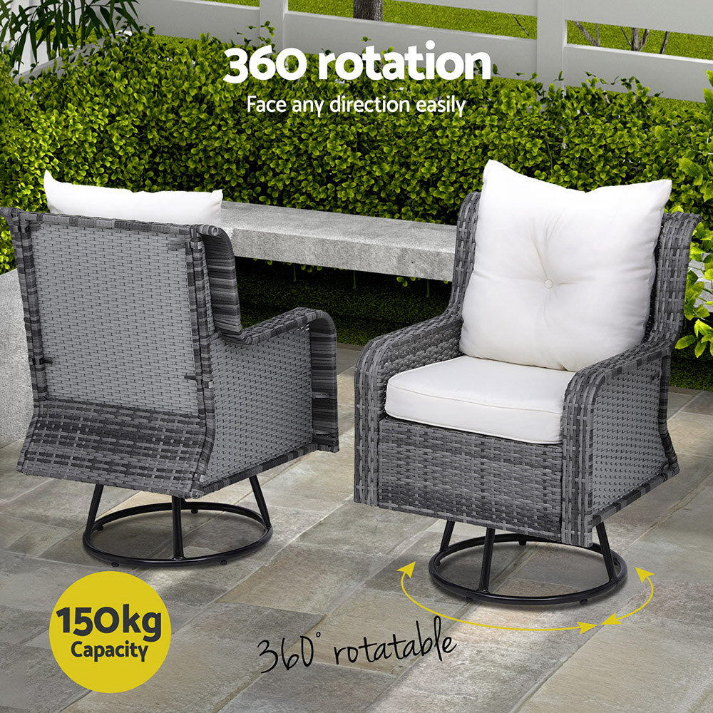 Gardeon 3PC Outdoor Furniture Bistro Set Lounge Wicker Swivel Chairs Table Cushion Grey Gardeon