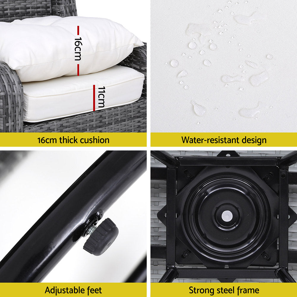 Gardeon 3PC Outdoor Furniture Bistro Set Lounge Wicker Swivel Chairs Table Cushion Grey Gardeon