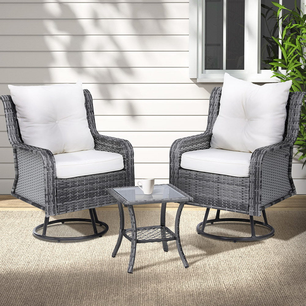 Gardeon 3PC Outdoor Furniture Bistro Set Lounge Wicker Swivel Chairs Table Cushion Grey Gardeon