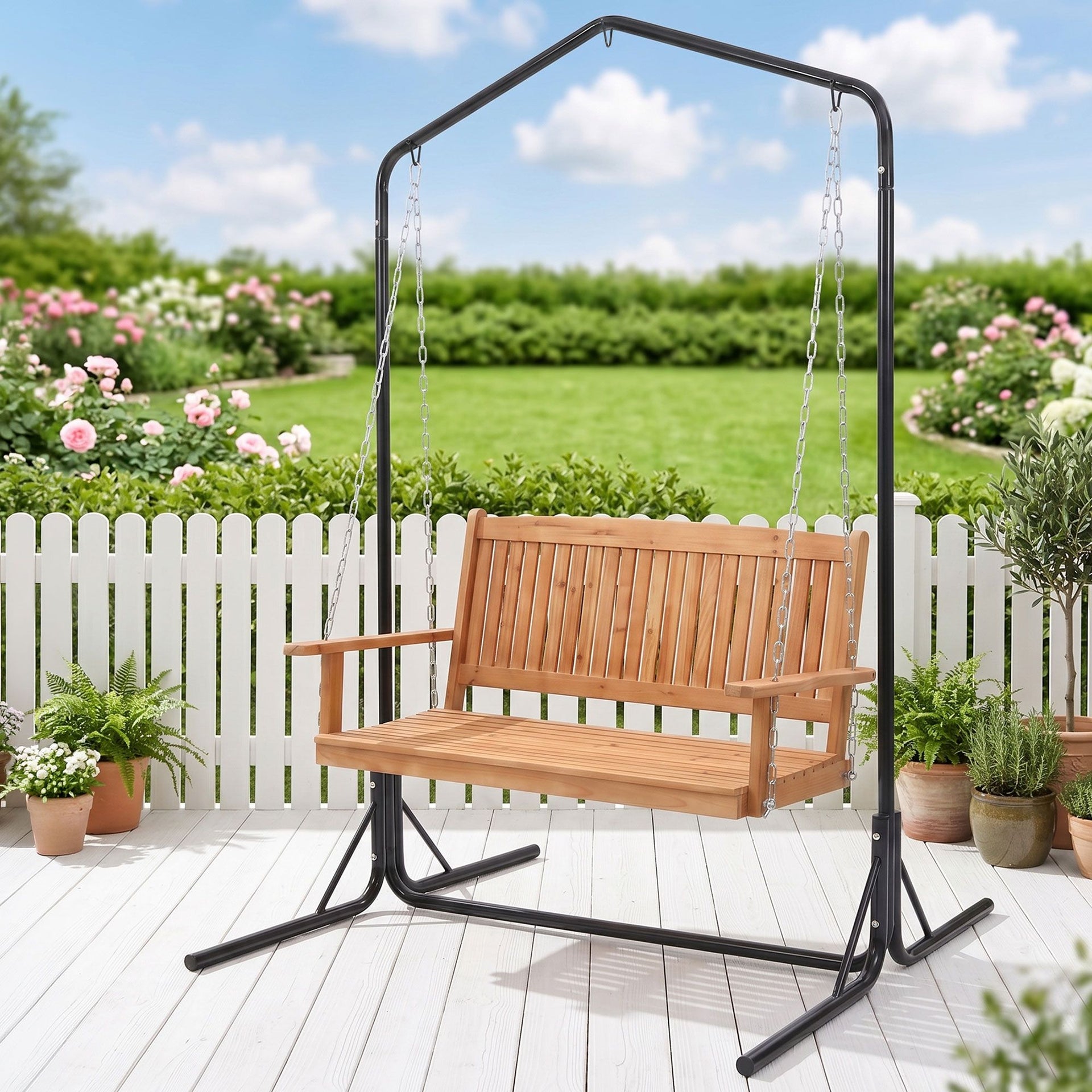 Gardeon Wooden 2-Seater Outdoor Swing Chair with Black Stand Hanging Chair Patio Furniture Awezingly