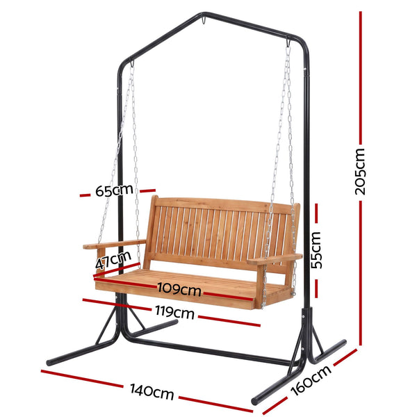 Gardeon Wooden 2-Seater Outdoor Swing Chair with Black Stand Hanging Chair Patio Furniture Awezingly