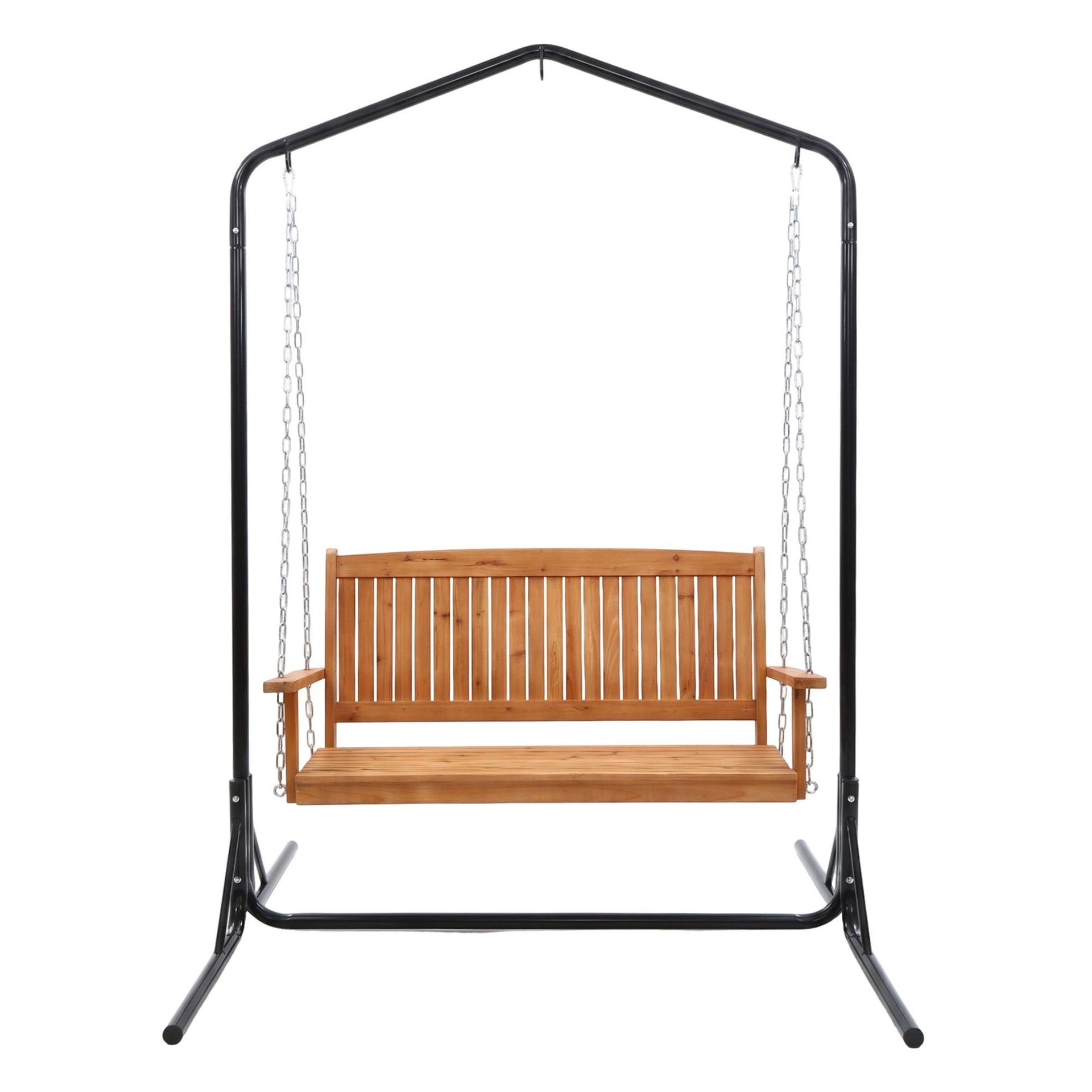 Gardeon Wooden 2-Seater Outdoor Swing Chair with Black Stand Hanging Chair Patio Furniture Awezingly