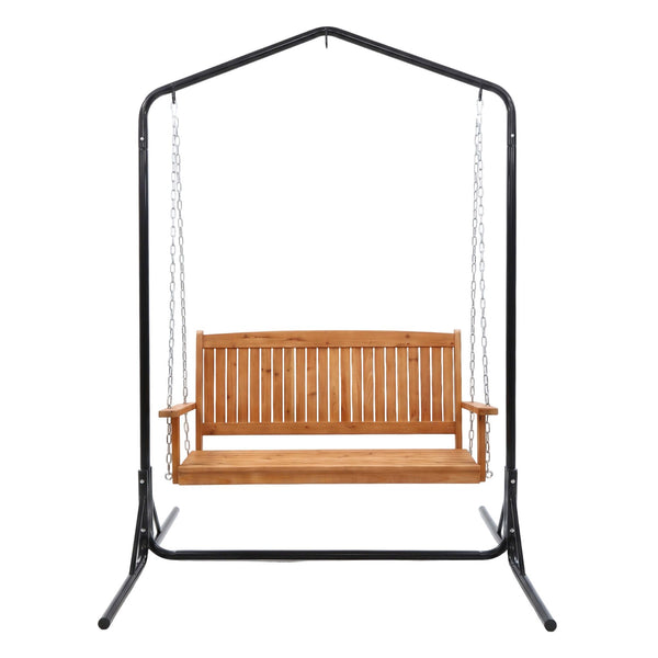 Gardeon Wooden 2-Seater Outdoor Swing Chair with Black Stand Hanging Chair Patio Furniture Awezingly