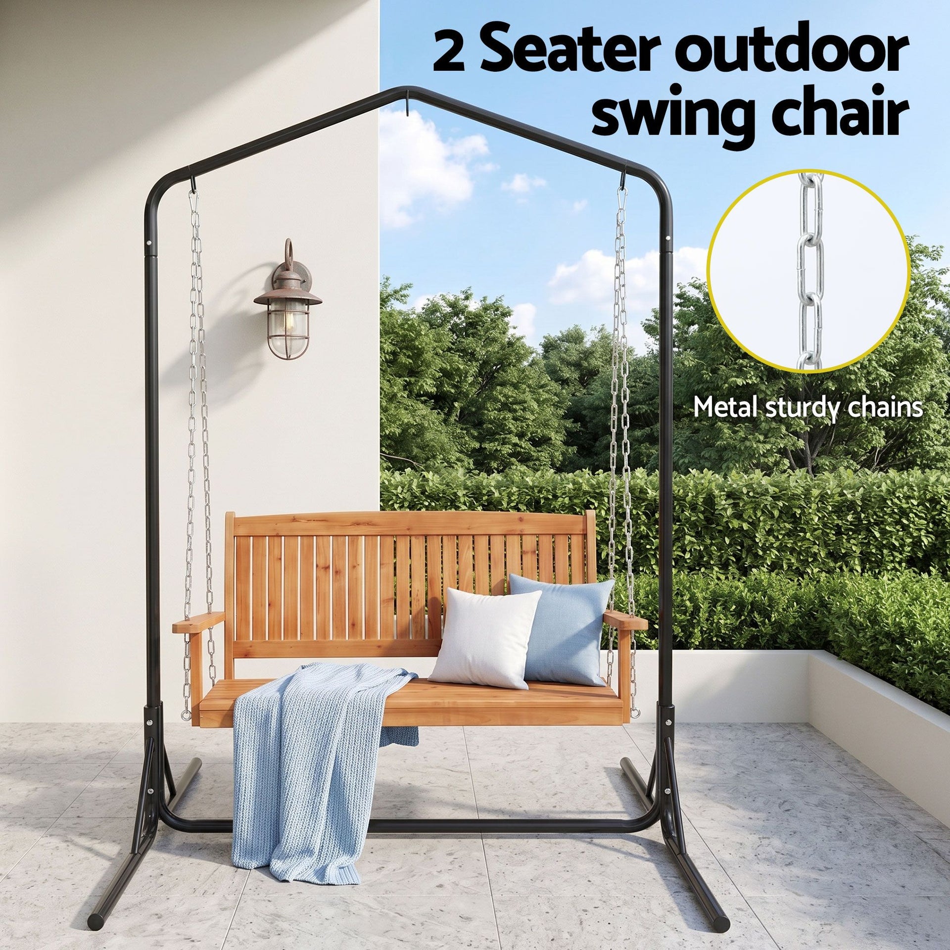 Gardeon Wooden 2-Seater Outdoor Swing Chair with Black Stand Hanging Chair Patio Furniture Awezingly