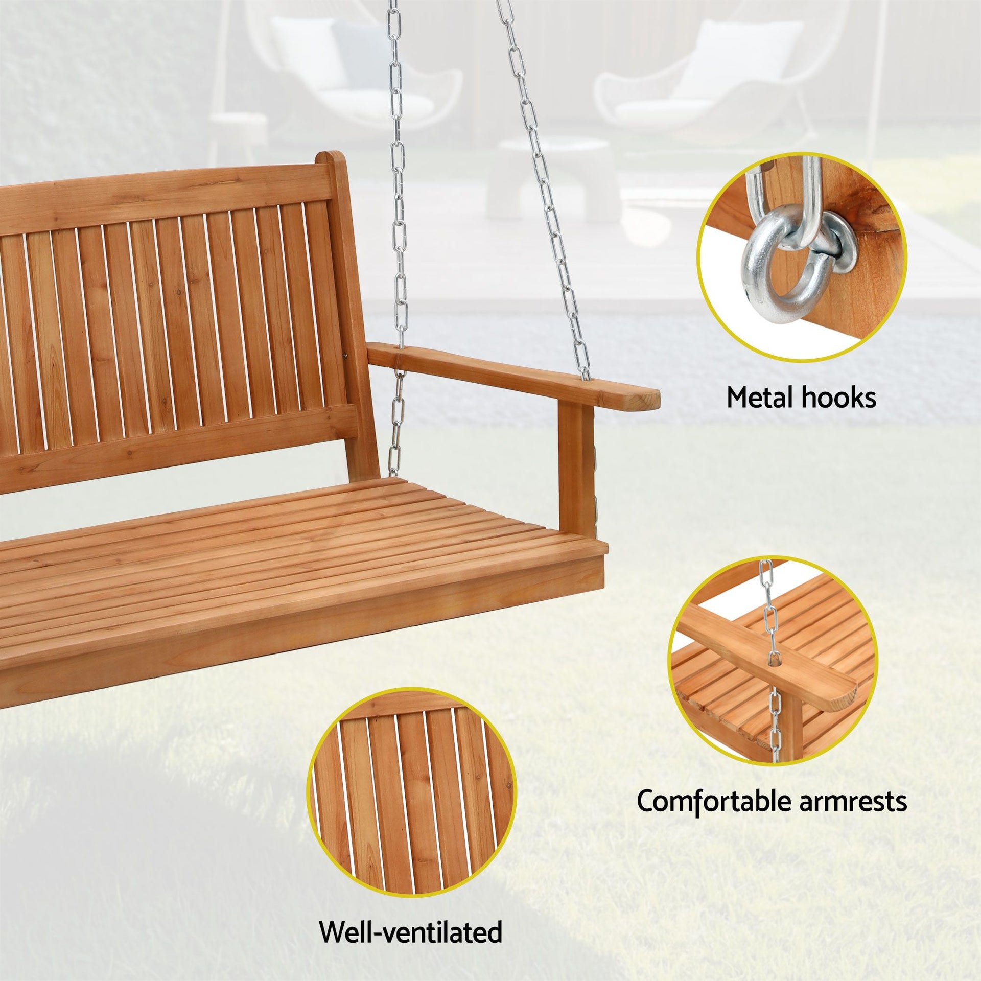 Gardeon Wooden 2-Seater Outdoor Swing Chair with Black Stand Hanging Chair Patio Furniture Awezingly