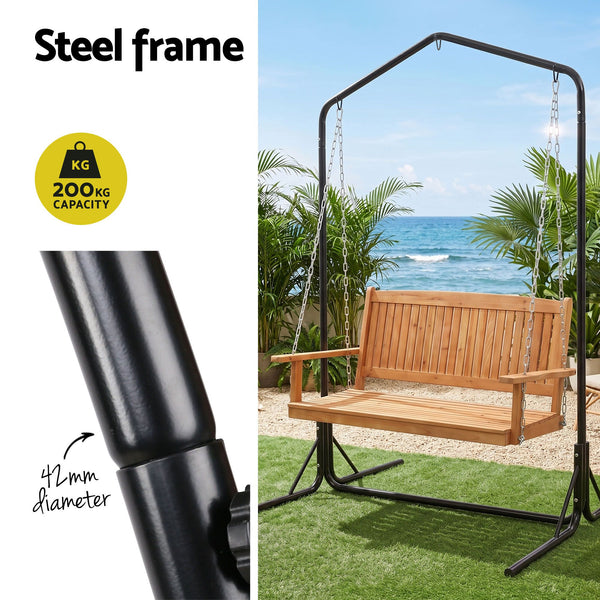Gardeon Wooden 2-Seater Outdoor Swing Chair with Black Stand Hanging Chair Patio Furniture Awezingly