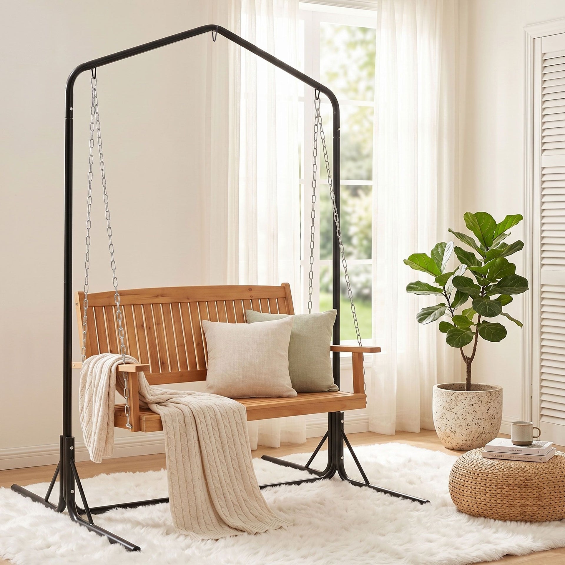 Gardeon Wooden 2-Seater Outdoor Swing Chair with Black Stand Hanging Chair Patio Furniture Awezingly