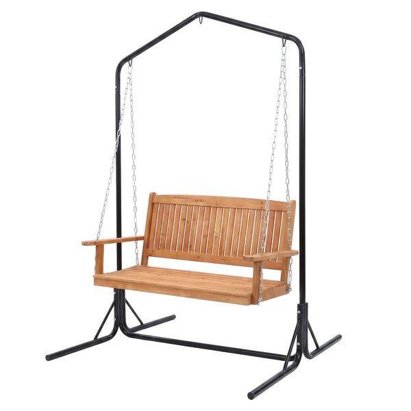 Gardeon Wooden 2-Seater Outdoor Swing Chair with Black Stand Hanging Chair Patio Furniture Awezingly